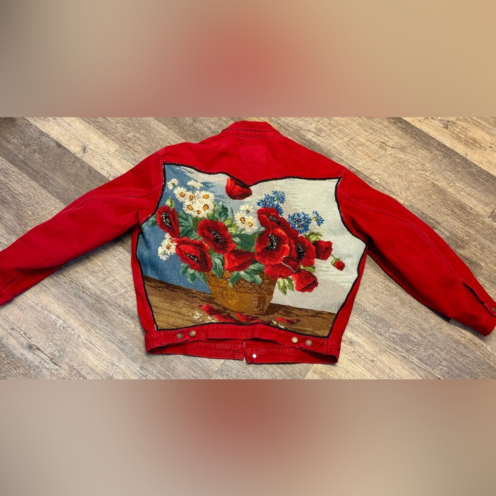 Red Jacket with Floral Tapestry Back Upcycled jacket
